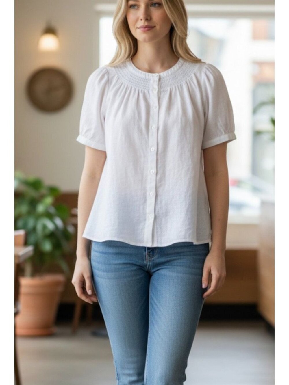 NWT J. Crew Linen Blend Short Sleeve Smock Neck Top - Size: Small